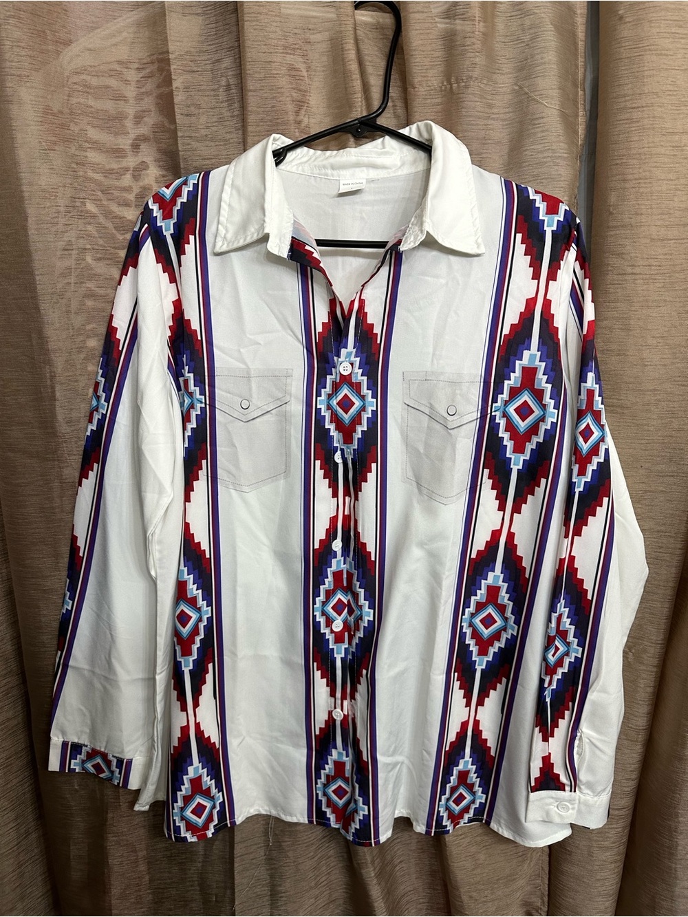 White Button-Up Shirt with Red, Blue & Purple Aztec Stripe